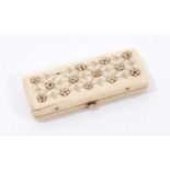 Fine Georgian ivory toothpick case with gold inlaid decoration and carved mother of pearl flower hea