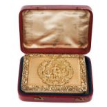 Fine Georgian silver gilt presentation table snuff box of retangular form with romantic cartouche to