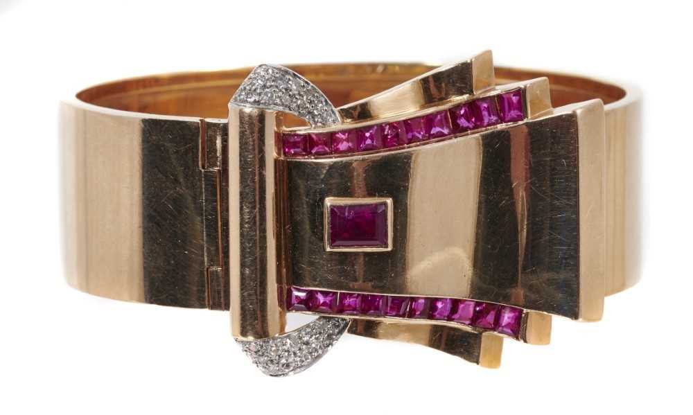 1940s Art Deco Odeonesque rose gold diamond and synthetic ruby clip, the undulating rose gold scroll