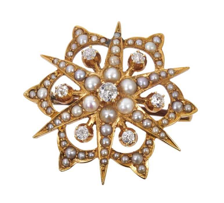 Victorian diamond and seed pearl snowflake brooch