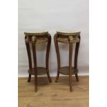 Pair of Louis XV style French beech gilt metal mounted and marble topped stands