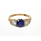 Late Victorian diamond and sapphire three stone ring