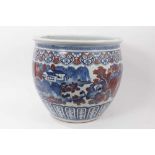 Large Chinese porcelain fish bowl, 20th century, decorated in underglaze blue and red with landscape