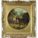 After J.F. Herring, oil on board, 19th century tondo, of a farmyard scene with horses and chickens