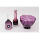 A Whitefriars type amethyst tinted glass bowl, a Wedgwood glass bell and an amethyst glass vase