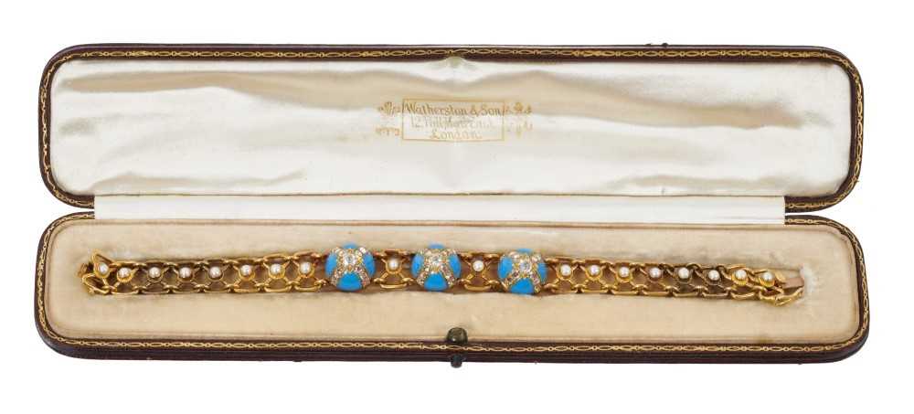 Victorian diamond turquoise enamel and seed pearl bracelet in tooled brown leather box