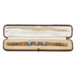 Victorian diamond turquoise enamel and seed pearl bracelet in tooled brown leather box