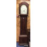 George III 8 day long case clock with arched painted dial in inlaid mahogany case