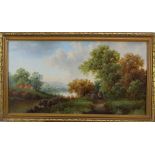 M. Winder oil on board- wooded river landscape with a figure on a path in the foreground, signed a