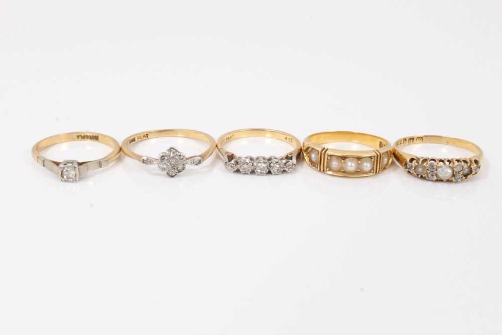 Victorian pearl and diamond ring and four other gold and gem set rings (5)