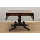 Regency rosewood sofa table, rectangular drop leaf top with canted angles, with single drawer to end
