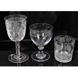 An early 19th century glass rummer, a tumbler and a Victorian engraved glass