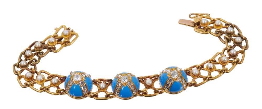 Victorian diamond turquoise enamel and seed pearl bracelet in tooled brown leather box - Image 2 of 2