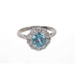 Blue zircon and diamond cluster ring