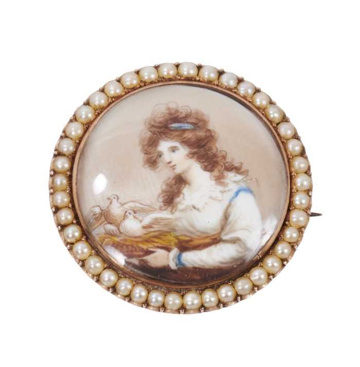 Georgian miniature portrait brooch in gold and seed pearl mount