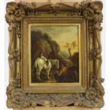 19th century Continental School oil on board- Travellers in a rocky landscape, in gilt frame. 20 x