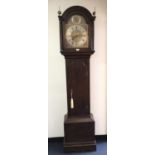 18th century oak cased Grandfather clock with brass arm dial and 8 day movement, manner Thomas Marti