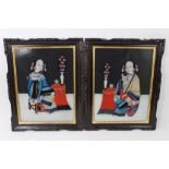 Pair of antique Chinese reverse paintings on glass in frames