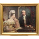Early 19th century English School oil on canvas- An elegant lady sat at a table with her solicitor,
