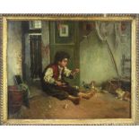 Elizabeth Gardner, 19th century oil on canvas- interior scene with a seated boy stopping a cat fro