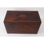 Regency rosewood and inlaid tea caddy, with hinged cover enclosing twin lidded canisters, with pin c