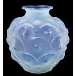 Sabino opalescent glass vase, decorated with a peacock pattern, signed Sabino France to base, 20cm h