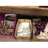 Three boxes of textiles, including linen, lace, etc