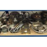 Quantity of metalwares, including silver plate, copper kettle, etc