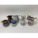 Collection of eight antique Ironstone pottery and porcelain jugs to include Mason's type, Gaudy Wels
