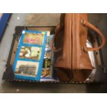 Box of loose postcards, postcard album and other items
