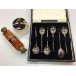Set six silver bean end coffee spoons, silver and tortoiseshell topped glass jar and amber glass dou