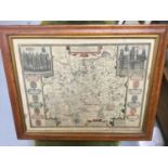 17th century style Speede map of Surrey, in maple glazed frame