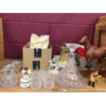 Royal Doulton ship's decanter, tumblers and other glassware including bird miniatures, carriage cloc