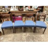 Set of four Regency mahogany dining chairs with rope and bar backs, upholstered seats and ring turne