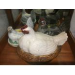 19th century majolica hen form egg basket, two others