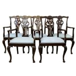 Set of five George III style mahogany open armchairs, each with carved top rail and pierced splat ba