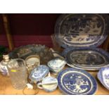 Blue and white Willow pattern dinner ware, glass ware, ginger jar lamp and model ship in a bottle