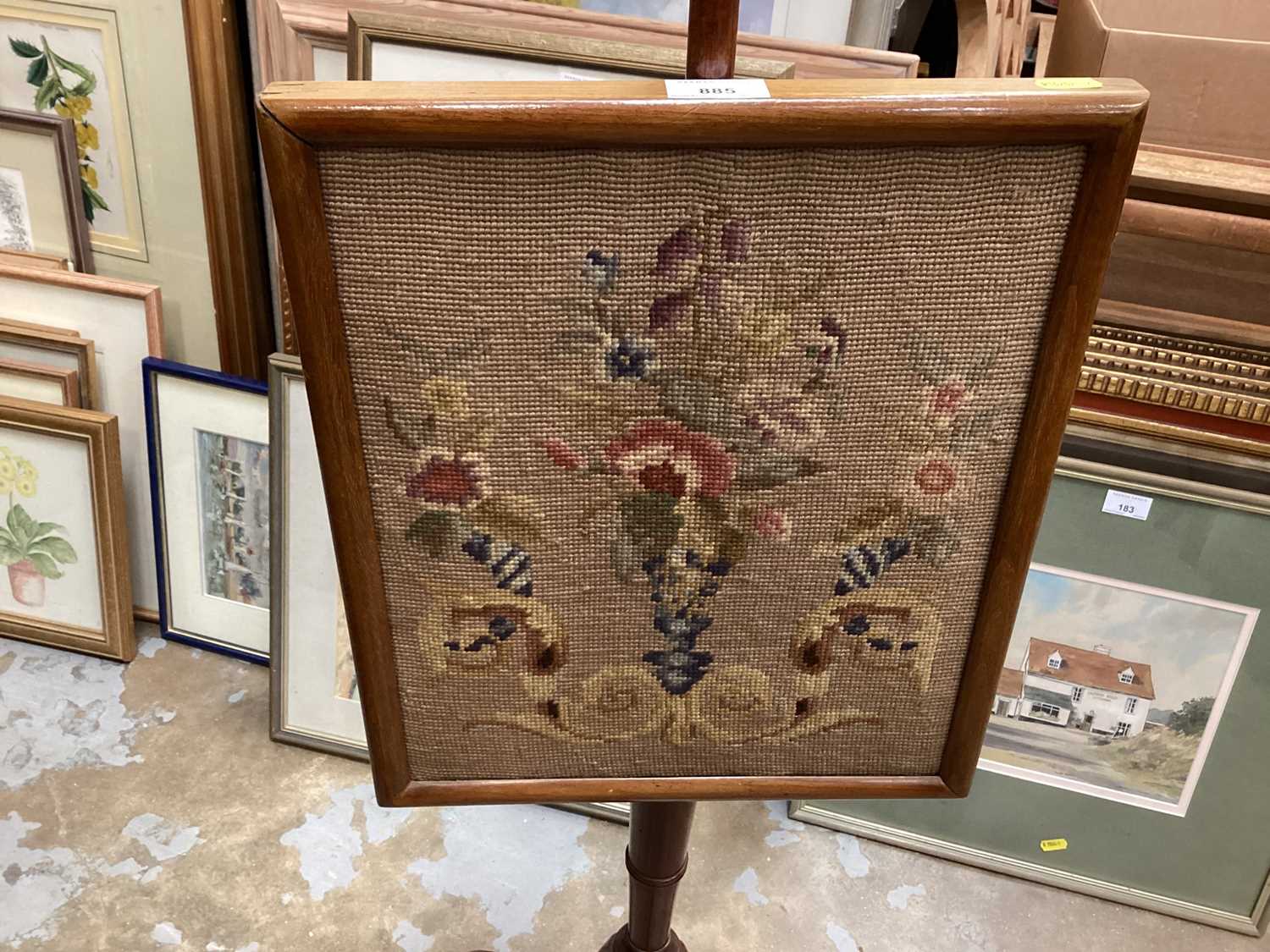 19th centyury mahogany pole screen with embroided floral panel - Image 2 of 5
