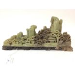 Good 19th century Chinese soapstone carving of a mountain range with pagodas to the wooden landscape