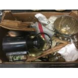Vintage railway lamp, plated cutlery and sundries (1 box)
