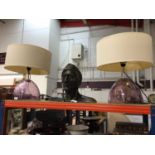 A stylish pair of purple glass table lamps with shades