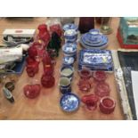 Group of Victorian cranberry glass, together with blue and white ceramics