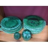Group of Wedgwood style cabbage leaf plates and two Victorian glass dumps