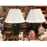 Pair of good quality table lamps with decorated green ostrich skin-type design, with light green sha