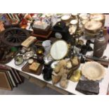 Sundry items, including a 19th century spinning wheel (a/f), inlaid slate clock, large toleware tray