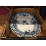 Three boxes of china and glassware to include meat plates and other items