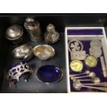 Collection of various silver cruets, silver ingot pendant, silver cased watch and other items
