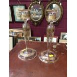 Pair of Bohemian glass candlesticks, with cut and gilt foliate patterns, 24cm high