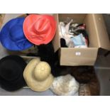 Selection of vintage hats including mink fur, various scarves, gloves etc