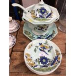 Adams calyx ware 'Blue Parrot' pattern lidded soup tureen on stand with ladle and six matching soup